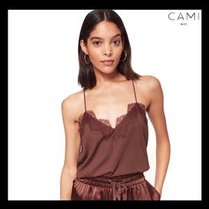 NEW CAMI NYC BROWN LACE TRIM RACERBACK CAMISOLE
